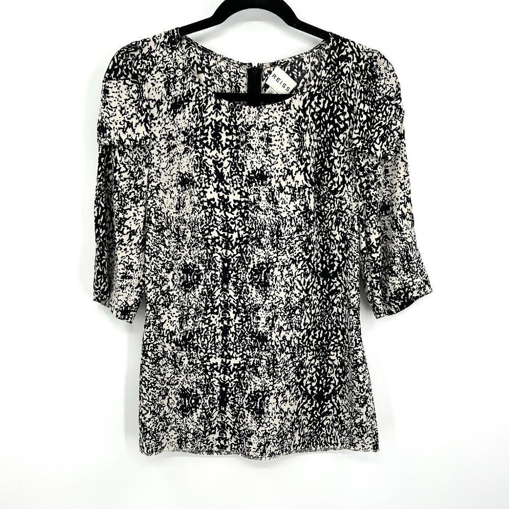 REISS Black White Abstract Print 3/4 Sleeve Lightweight Blouse Top Size 0